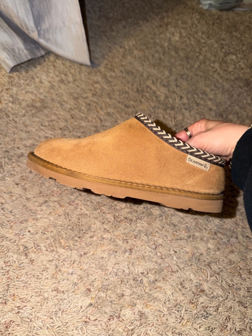 BearPaw Tan Suede Slip-On Mule with Patterned Trim